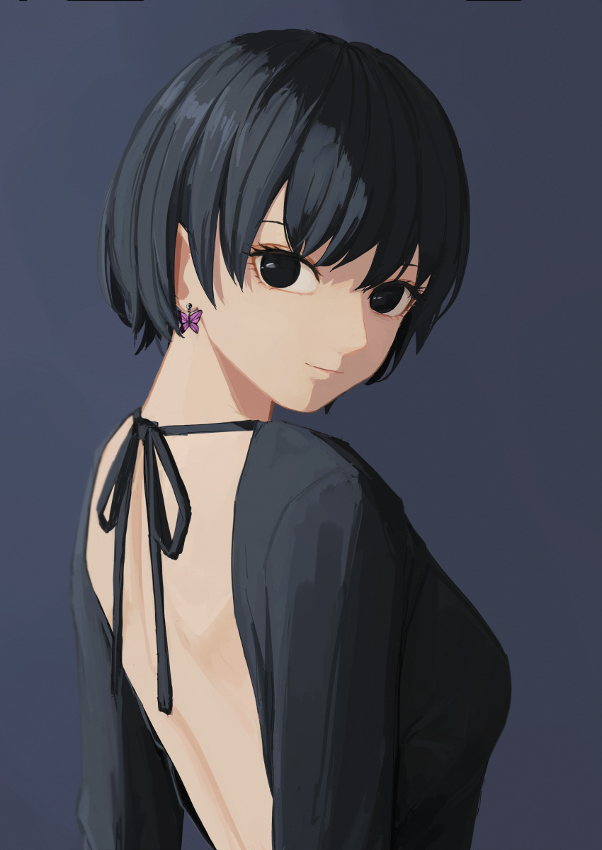 1girl absurdres backless_dress backless_outfit bangs bare_back black_background black_dress black_eyes black_hair bob_cut breasts bug butterfly dress earrings from_side highres jewelry light_smile looking_at_viewer looking_back looking_to_the_side medium_breasts monogatari_(series) nemo_ringo oshino_ougi short_hair simple_background solo upper_body