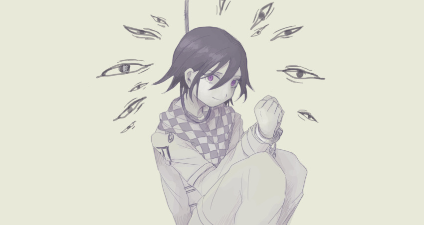 1boy asami_(space_neko) checkered_clothes checkered_scarf closed_mouth cuffs danganronpa_(series) danganronpa_v3:_killing_harmony hair_between_eyes handcuffs highres male_focus noose oma_kokichi pants purple_eyes purple_hair scarf simple_background sitting solo straitjacket white_background white_pants