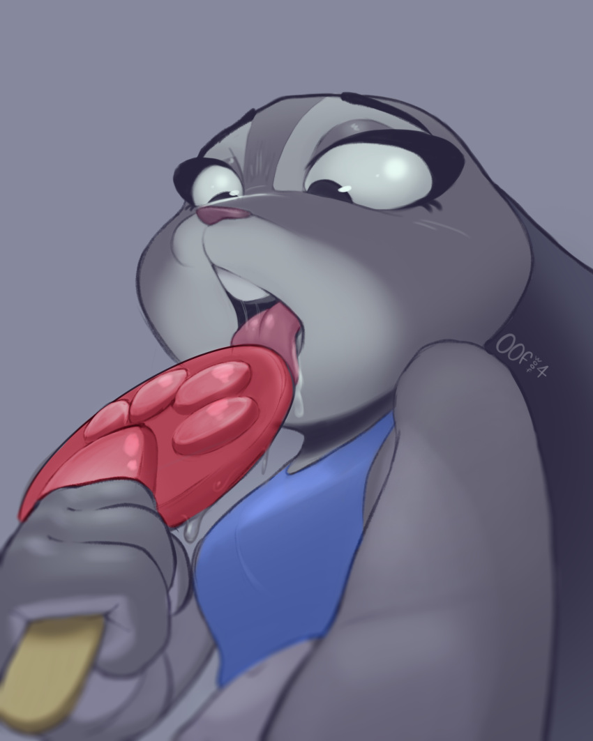 4:3 absurd_res bodily_fluids clothed clothing disney female food fur grey_body grey_fur hi_res judy_hopps lagomorph leporid licking mammal oofwoof pawsicles popsicle rabbit saliva saliva_on_tongue saliva_string selfie signature simple_background solo tongue tongue_out zootopia