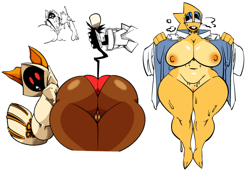 absurd_res actioncoaster alphys animal_humanoid anthro areola bent_over big_breasts big_butt bikini blazblue bodily_fluids breasts brown_body brown_skin butt cat_humanoid clothed clothing coat cum cum_on_breasts cumshot ejaculation felid felid_humanoid feline feline_humanoid female genital_fluids genitals group half-closed_eyes hi_res hood huge_breasts huge_butt humanoid kaka_(blazblue) lab_coat lizard looking_at_viewer looking_back male male/female mammal mammal_humanoid narrowed_eyes nipples open_clothing open_coat open_mouth open_topwear orange_areola orange_nipples panties pussy red_eyes reptile scalie sling_bikini sweat swimwear tail tail_pull taokaka thick_thighs topwear trio undertale_(series) underwear wide_hips