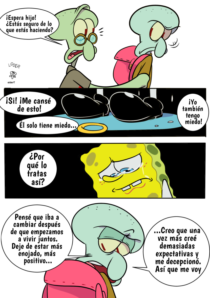 anthro bodily_fluids cephalopod coleoid crying dialogue group hi_res male marine mollusk nickelodeon octopodiform octopus on_model pancaketiffy ring_(jewelry) sea_sponge spanish_text speech_bubble spongebob_squarepants spongebob_squarepants_(character) squidward_tentacles tears text toony translation_check translation_request trio