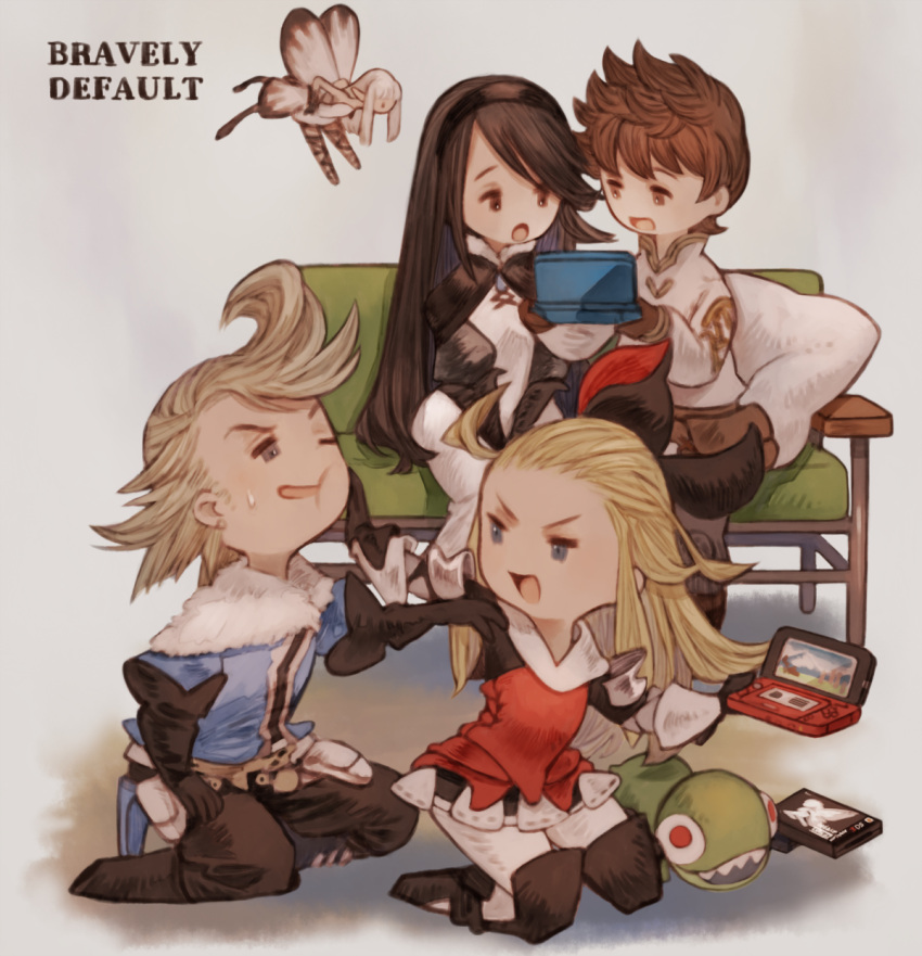 2boys 3girls :o agnes_oblige ahoge airy_(bravely_default) armor armored_dress black_gloves black_hair blonde_hair blue_eyes blue_shirt boots bow bravely_default:_flying_fairy bravely_default_(series) brown_eyes brown_hair butterfly_wings chibi copyright_name couch dress edea_lee elbow_gloves fairy fairy_wings faulds full_body fur_trim gloves hair_bow hairband handheld_game_console highres holding holding_handheld_game_console irono16 long_hair long_sleeves minigirl multiple_boys multiple_girls nintendo_3ds on_couch on_floor open_mouth pillow pompadour pushing_away red_dress ringabel shirt short_hair sitting smile stuffed_toy sweatdrop thigh_boots tiz_arrior wings