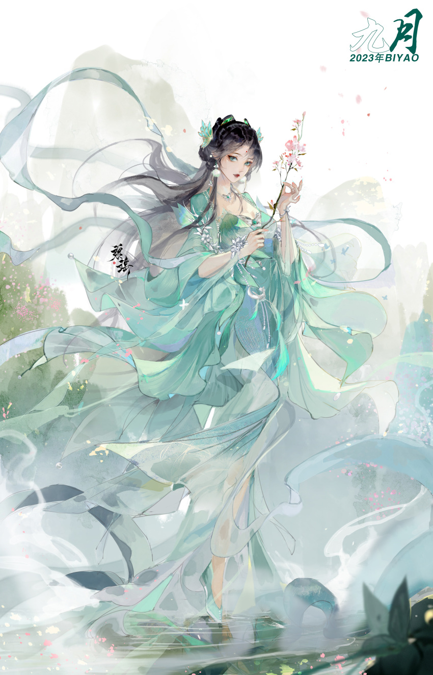 1girl absurdres artist_request baiguio_(zhu_xian) black_hair branch closed_mouth dress earrings facial_mark fog forehead_mark full_body green_dress green_eyes green_footwear hagoromo hair_ornament highres holding holding_branch jewelry long_hair mountain reflection ripples second-party_source shawl water zhu_xian