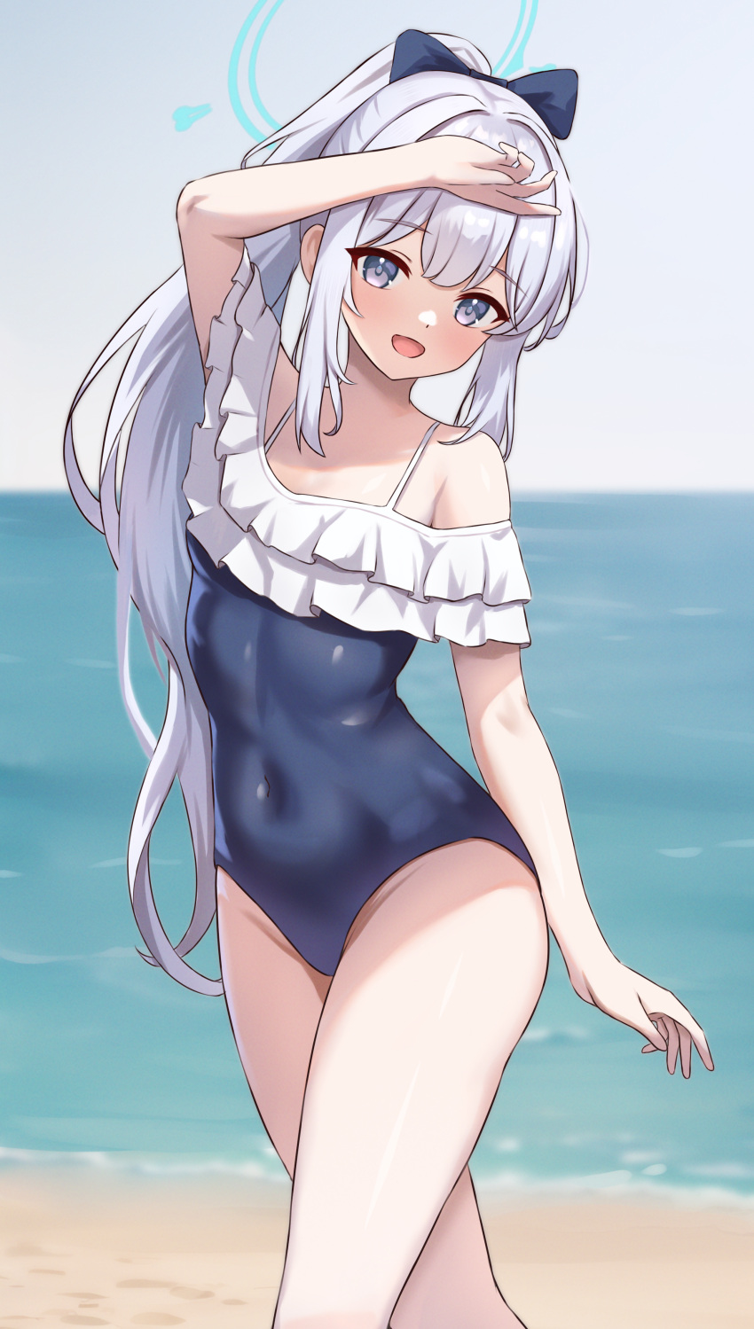 1girl absurdres bare_legs bare_shoulders beach blue_archive blue_halo blue_one-piece_swimsuit breasts covered_navel day fanteam feet_out_of_frame frilled_one-piece_swimsuit frills grey_hair halo highres long_hair miyako_(blue_archive) miyako_(swimsuit)_(blue_archive) ocean off-shoulder_one-piece_swimsuit off_shoulder official_alternate_costume one-piece_swimsuit open_mouth outdoors ponytail purple_eyes small_breasts smile solo swimsuit