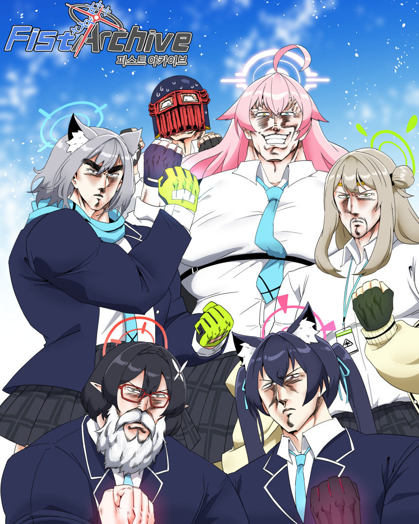 6+boys absurdres ahoge animal_ear_fluff animal_ears ayane_(blue_archive) beard black_skirt blonde_hair blue_archive blue_halo blue_jacket blue_ribbon blue_scarf blue_sky cat_ears character_request clenched_hand collared_shirt commentary_request facial_hair gloves green_gloves grin hair_ribbon halo highres hokuto_no_ken hoshino_(blue_archive) jacket korean_commentary looking_at_viewer mannungei multiple_boys muscular mustache nonomi_(blue_archive) pink_hair pink_halo plaid plaid_skirt pointy_ears red_halo ribbon scarf serika_(blue_archive) shiroko_(blue_archive) shirt skirt sky smile twintails white_shirt