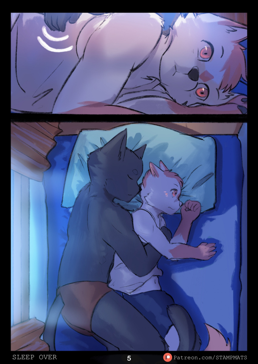 anthro bed blush canid canine canis clothed clothing comic comic_panel digital_drawing_(artwork) digital_media_(artwork) domestic_cat domestic_dog duo embrace eyes_closed felid feline felis fur furniture hair hi_res hug hugging_from_behind inside lying lying_on_bed male mammal night on_bed on_side partially_clothed patreon patreon_logo pillow shaded shirt sleeping sleeping_together stampmats tail tank_top text topwear url