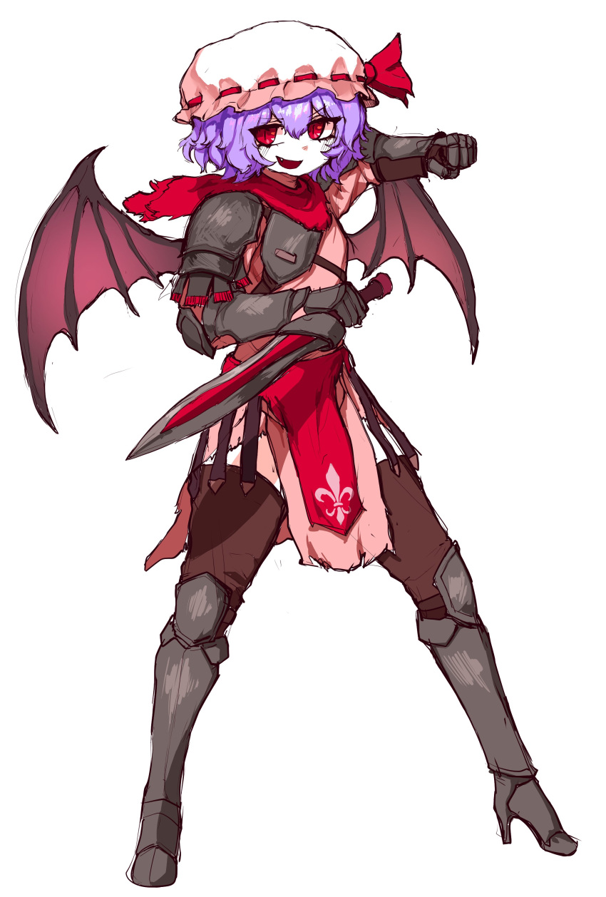 1girl absurdres alternate_costume armor armored_boots armored_gloves bat_wings boots bow clenched_hand fang hat highres holding holding_sword holding_weapon knee_guards leather leather_pants looking_to_the_side mob_cap open_mouth pants purple_hair red_bow red_eyes red_scarf remilia_scarlet ribbon-trimmed_headwear ribbon_trim scarf short_hair short_sword shoulder_armor simple_background solo sword tekaaluk touhou weapon white_background wings