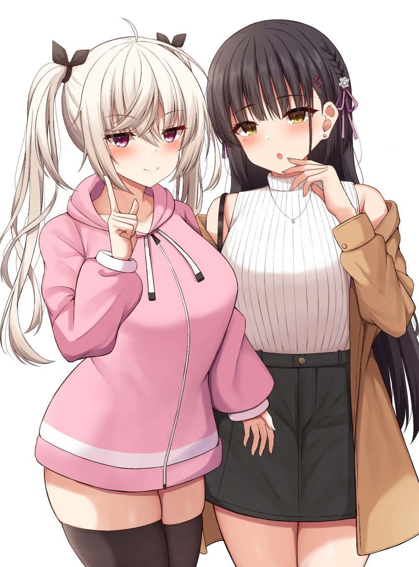 2girls :o ahoge akizuki_kanna alternate_costume arm_at_side bare_shoulders black_bow black_hair black_skirt black_thighhighs blush bow breasts brown_coat cafe_stella_to_shinigami_no_chou casual closed_mouth coat commentary_request cowboy_shot crossed_bangs earrings eyelashes eyes_visible_through_hair flower hair_between_eyes hair_bow hair_flower hair_ornament hair_ribbon hairclip hand_up high-waist_skirt highres hood hood_down hoodie index_finger_raised jewelry jitome large_breasts long_sleeves looking_at_viewer miniskirt mole mole_under_eye multiple_girls off_shoulder open_clothes open_coat open_mouth pink_hoodie purple_eyes purple_ribbon ribbed_shirt ribbon rose ryakusun shiki_natsume shirt side-by-side side_ponytail sidelocks simple_background skindentation skirt sleeveless sleeveless_shirt smile standing straight_hair stud_earrings thighhighs tsurime wavy_hair white_background white_flower white_hair white_rose white_shirt yellow_eyes