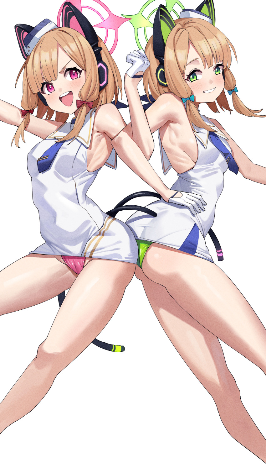 2girls absurdres alternate_costume animal_ear_headphones animal_ears armpits bare_shoulders blonde_hair blue_archive blush breasts cat_ear_headphones dress fake_animal_ears feipin_zhanshi gloves green_eyes headgear headphones headset highres long_hair looking_at_viewer midori_(blue_archive) momoi_(blue_archive) multiple_girls necktie open_mouth panties pantyshot pencil_dress short_dress simple_background sleeveless sleeveless_dress small_breasts smile tight tight_dress twintails underwear white_background white_dress white_gloves