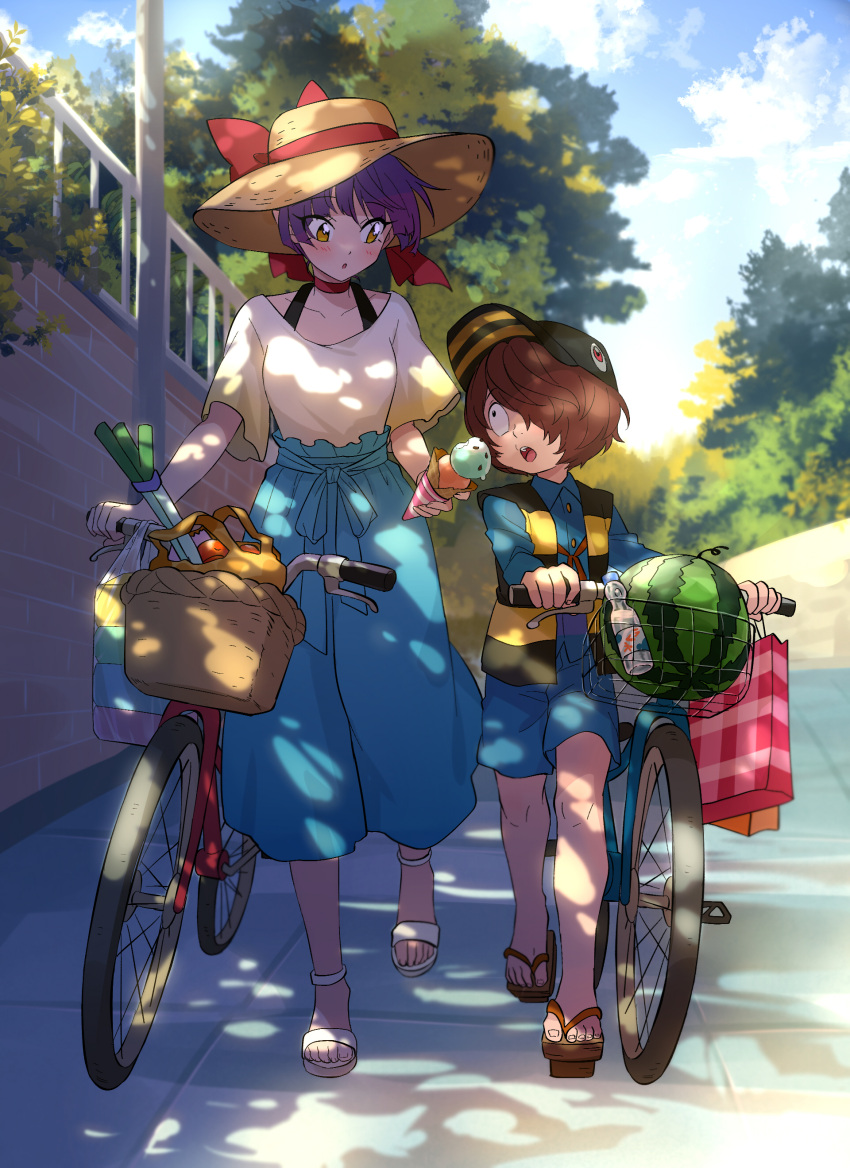 1boy 1girl absurdres bag baseball_cap bicycle bicycle_basket blouse blush bottle brown_hair cat_girl chanchanko_(clothes) cloud cloudy_sky food fruit gegege_no_kitarou grocery_bag hair_over_one_eye hakama hakama_pants hat highres ice_cream japanese_clothes kitarou nekomusume nekomusume_(gegege_no_kitarou_6) open_mouth pants purple_hair sandals shirt shopping_bag silanduqiaocui sky spring_onion straw_hat tree tree_shade water_bottle watermelon yellow_eyes