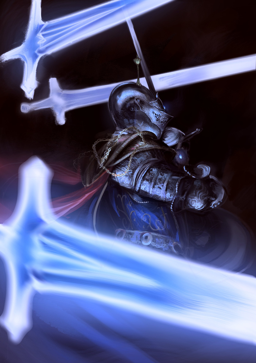 1other absurdres armor blue_tunic cape carian_knight_(elden_ring) chain elden_ring elmetguillem english_commentary flying_sword glowing gold_chain helmet highres holding holding_sword holding_weapon magic red_background red_cape simple_background solo sword tarnished_(elden_ring) weapon