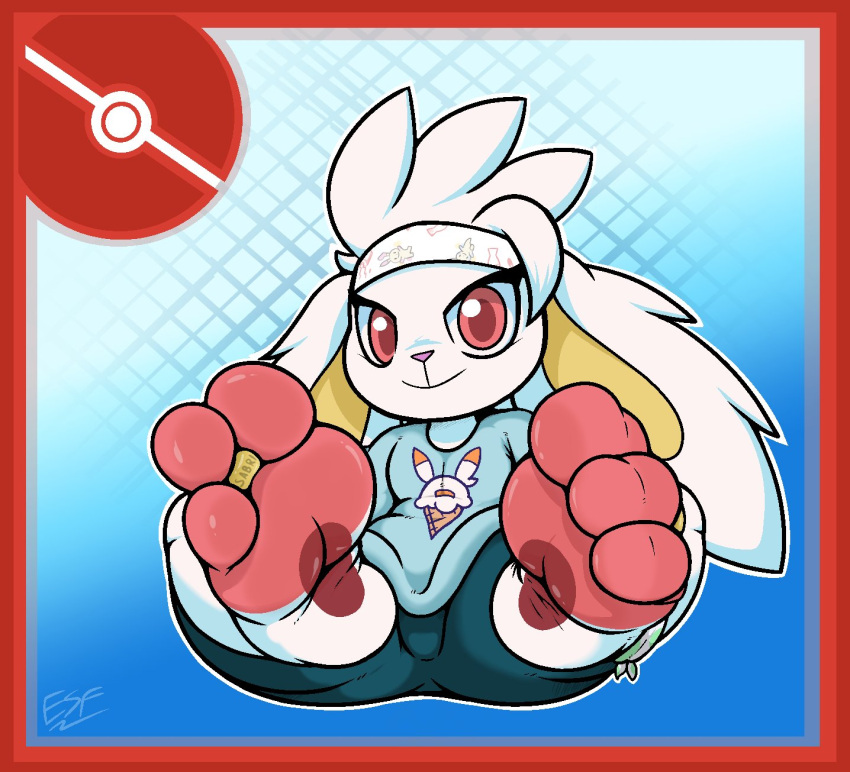 3_toes anthro clothing digit_ring electricsnowfox feet female foot_focus fur generation_8_pokemon hi_res jewelry lagomorph looking_at_viewer mammal nintendo pokemon pokemon_(species) raboot ring shirt sitting soles solo toe_ring toes topwear white_body white_fur