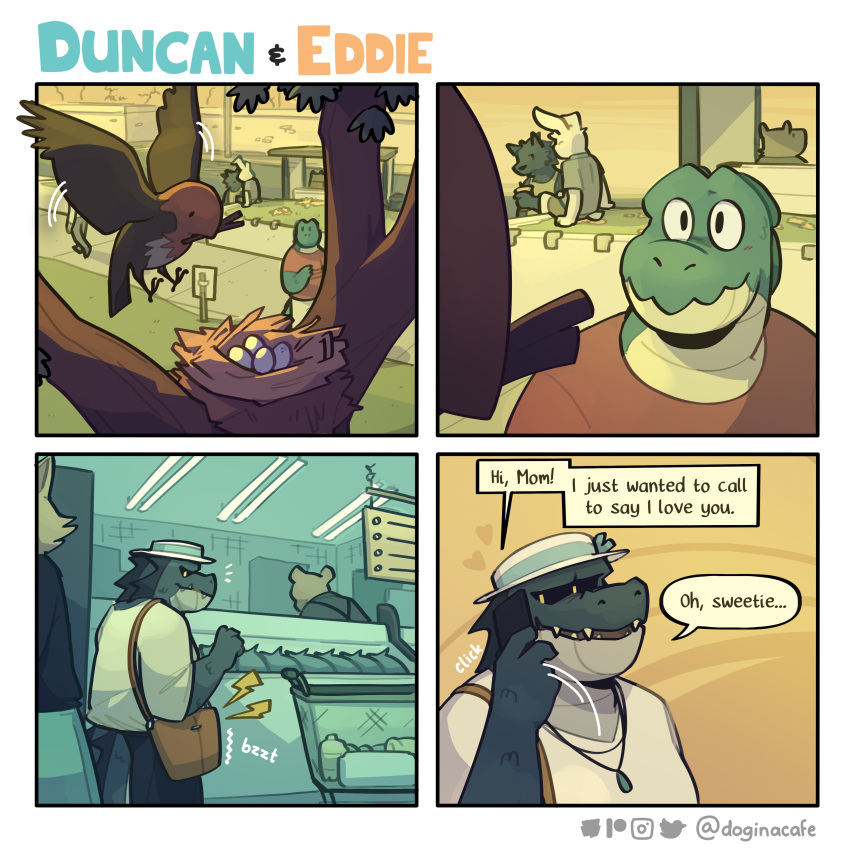 &lt;3 2023 absurd_res ambiguous_gender ambiguous_species anthro avian beak bird bottomwear bus_stop canid canine cellphone clothed clothing comic crocodile crocodilian crocodylid detailed_background dialogue doginacafe dot_eyes duncan_(doginacafe) duncans_mom_(doginacafe) duo_focus egg emanata english_text feathers female feral flying four_frame_image fur furgonomics grass groceries grocery_store group hat headgear headwear hi_res inside jewelry lagomorph leporid male mammal mother mother_and_child mother_and_son motion_lines multiple_scenes necklace nest onomatopoeia outside pants parent parent_and_child phone plant purse rabbit reptile road scales scalie shirt shopping_cart sidewalk sign sitting skirt smartphone smile son sound_effects standing store teeth text topwear tree tuft twig url walking wings