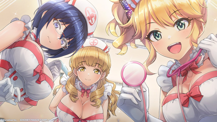 3girls ayato_utae blonde_hair blue_eyes breasts cleavage commentary_request dolphin_wave fang frills glasses gloves green_eyes hat highres huge_breasts izumi_kiri light_smile long_hair mole mole_under_eye multiple_girls nurse nurse_cap official_art ootomo_takuji open_mouth short_hair stethoscope tojou_michiru wavy_hair white_gloves yellow_eyes