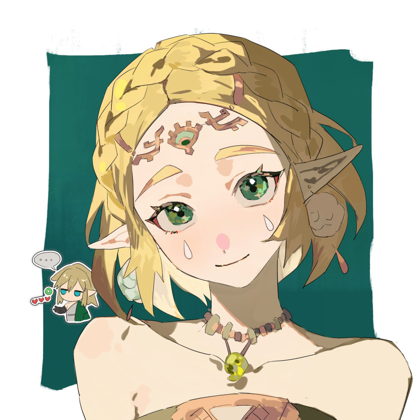 1boy 1girl bare_shoulders blonde_hair blush braid chibi chibi_inset closed_mouth collarbone crown_braid dangle_earrings dot_nose earrings green_background green_eyes hair_ornament hairclip head_tilt heart highres jewelry link looking_at_viewer magatama magatama_necklace necklace nose_blush pointy_ears princess_zelda short_hair simple_background smile solo_focus teardrop_facial_mark the_legend_of_zelda the_legend_of_zelda:_tears_of_the_kingdom thick_eyebrows