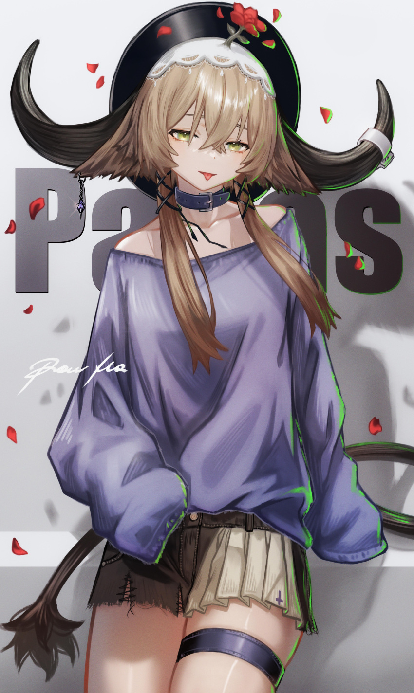 1girl :p absurdres animal_collar animal_ears arknights artist_name black_headwear blush breasts brown_shorts character_name collar cow_ears cow_girl cow_horns cow_tail flower flower_on_head green_eyes hair_between_eyes hair_ornament hat highres horns long_hair off-shoulder_shirt off_shoulder pallas_(arknights) purple_collar purple_shirt rau_ma_(the_rauma001) red_flower shadow shirt short_shorts shorts simple_background skindentation sleeves_past_fingers sleeves_past_wrists small_breasts solo tail thigh_strap tongue tongue_out white_background