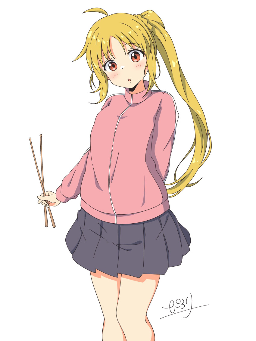 1girl :o ahoge arm_behind_back bangs blonde_hair blush bocchi_the_rock! brown_eyes commentary_request cosplay cowboy_shot drumsticks gotou_hitori gotou_hitori_(cosplay) grey_skirt highres holding holding_drumsticks ijichi_nijika jacket long_hair long_sleeves looking_at_viewer parted_lips pilolimaru pink_jacket pleated_skirt side_ponytail sidelocks simple_background skirt solo standing track_jacket white_background