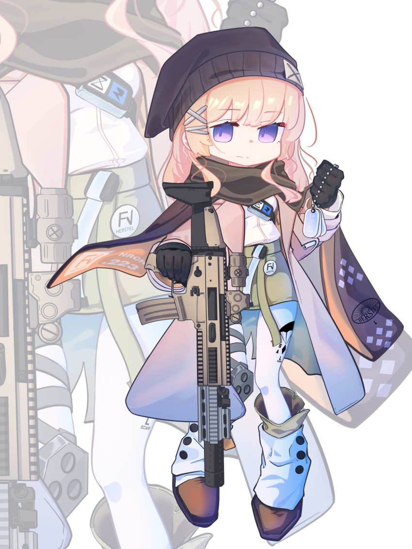 1girl assault_rifle beanie black_scarf blonde_hair boots breasts brown_coat brown_hair clenched_hand cloak closed_mouth coat fanny_pack fn_scar fn_scar_16 girls'_frontline green_skirt gun hat hexaa highres holding holding_dog_tags holding_weapon knee_pads looking_at_viewer medium_breasts optical_sight pantyhose purple_eyes rifle scar-l_(girls'_frontline) scarf shirt shirt_tucked_in skirt smile solo_focus suppressor weapon white_pantyhose white_shirt