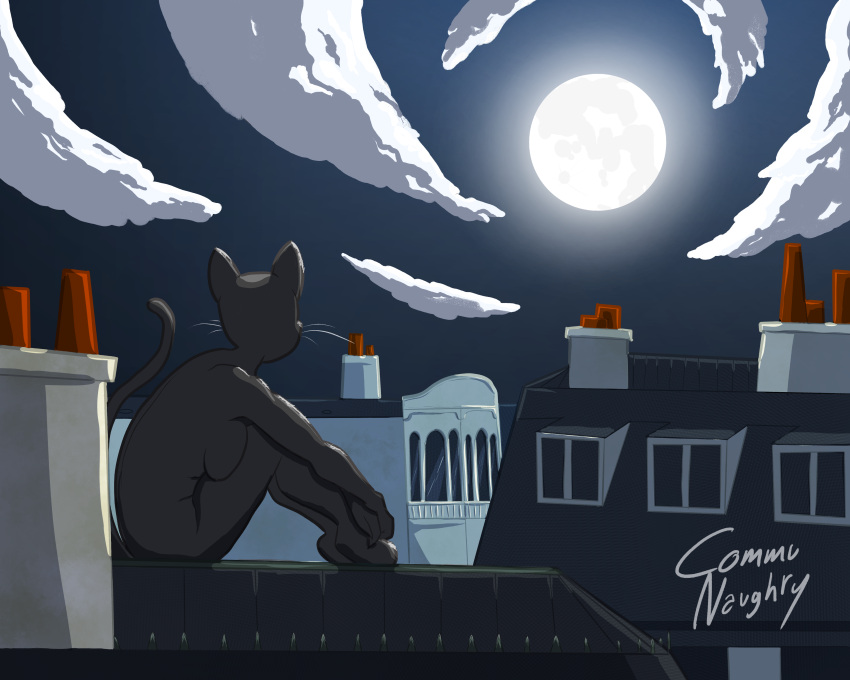 absurd_res anthro black_body black_fur cat_tail communaughty domestic_cat ears_up felid feline felis female fur hi_res light mammal moody moon moonlight night paris pressing_breasts_together rooftop scenery solo whiskers