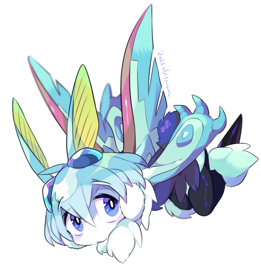 ambiguous_gender anthro arthropod blue_body blue_eyes blue_fur blue_hair dated fur hair hi_res insect lepidopteran male_(lore) maru_show moth mothman_(maru_show) neck_tuft simple_background solo tuft watermark wings