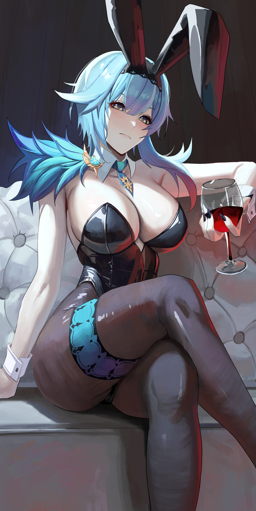 1girl absurdres alternate_costume animal_ears black_leotard black_nails blue_hair blue_necktie breasts closed_mouth cup detached_collar drinking_glass eula_(genshin_impact) fake_animal_ears genshin_impact hairband highres holding holding_cup large_breasts leotard light_frown nail_polish necktie pantyhose playboy_bunny rabbit_ears rasipan short_necktie sitting solo thigh_strap vision_(genshin_impact) wine_glass wing_collar wrist_cuffs yellow_eyes