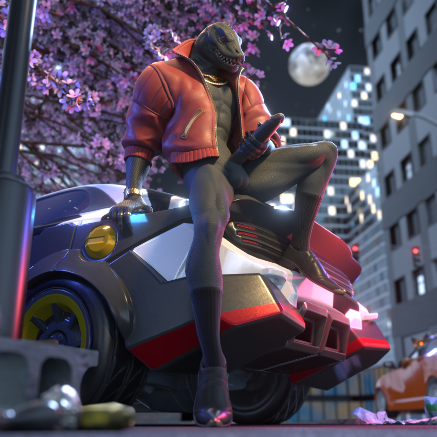 anthro black_body blender_(software) blender_eevee canid canine car cherry_blossom cherry_blossom_tree cherry_tree city city_background cityscape clock clothing epic_games fennix_(fortnite) footwear fortnite fox fruit_tree fur genitals hi_res jacket jewelry komodo_dragon lizard long_penis male mammal masturbation monitor_lizard moon necklace night orange_body orange_eyes orange_fur outside penis phone plant public public_exposure public_nudity red_eyes reptile scales scalie shoes sitting sitting_on_car socks solo solo_focus staring_at_penis street street_lamp thunder_(fortnite) topwear trash tree vehicle watch window wristwatch