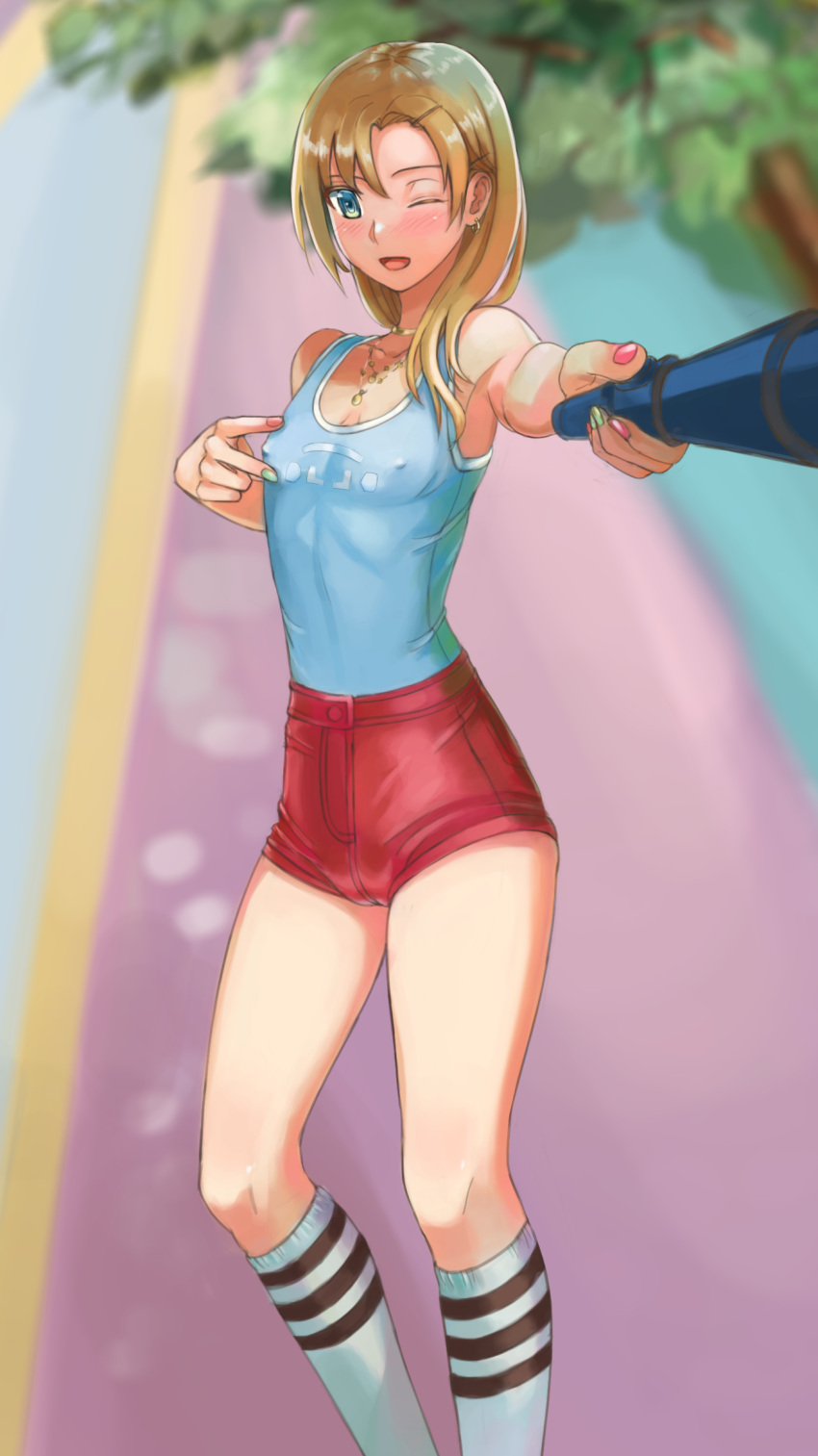 1boy ;d aqua_tank_top blonde_hair covered_nipples feet_out_of_frame fingernails green_eyes green_nails high-waist_shorts highres looking_at_viewer one_eye_closed original otoko_no_ko pink_nails red_shorts selfie selfie_stick short_shorts shorts smile smtst socks solo tank_top