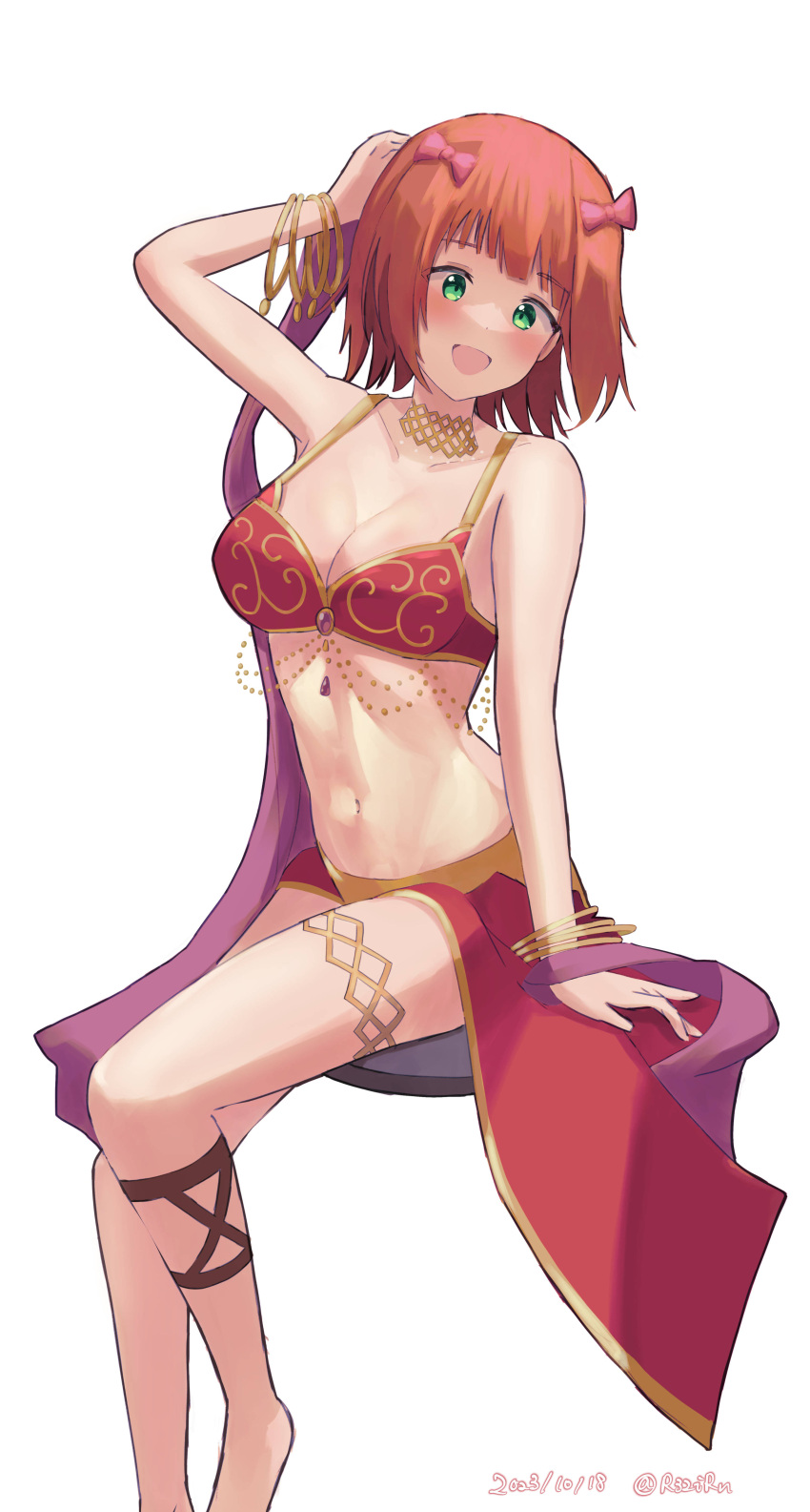 1girl absurdres amami_haruka arabian_clothes bare_shoulders blush bow bra bracelet breasts brown_hair cleavage collarbone dated hair_bow highres idolmaster idolmaster_(classic) idolmaster_million_live! invisible_chair jewelry looking_at_viewer medium_breasts red_bra rj_edward_(artist) simple_background sitting smile solo twitter_username underwear white_background