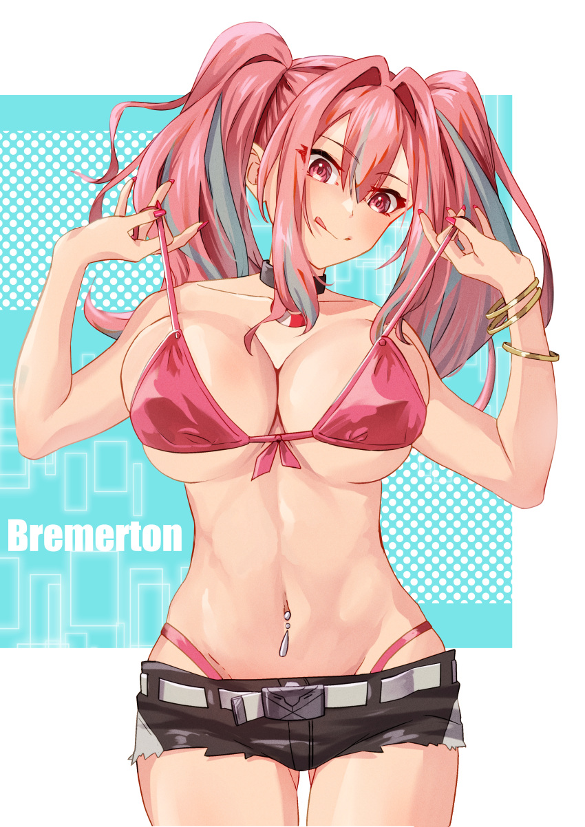 1girl :q absurdres azur_lane bangle bare_arms bare_shoulders belt bikini black_shorts bracelet bremerton_(azur_lane) commentary_request cowboy_shot cutoffs hair_between_eyes hair_intakes hands_up highres jewelry kento_(kentdrawing) navel navel_piercing piercing pink_bikini short_shorts shorts smile solo standing stomach swimsuit tongue tongue_out twintails