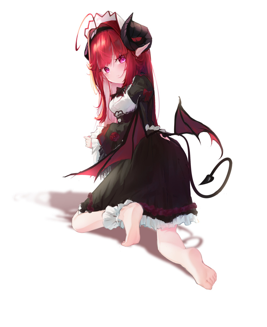 1girl absurdres aged_down ahoge azur_lane barefoot black_bow black_bowtie black_dress black_hairband black_horns blush bonnet bow bowtie closed_mouth curled_horns demon_tail demon_wings dress frilled_dress frills from_behind hairband highres hindenburg_(azur_lane) horns long_hair long_sleeves looking_at_viewer mole mole_under_eye pointy_ears purple_eyes red_hair shadow simple_background solo tail toes white_background wings xxxxxg