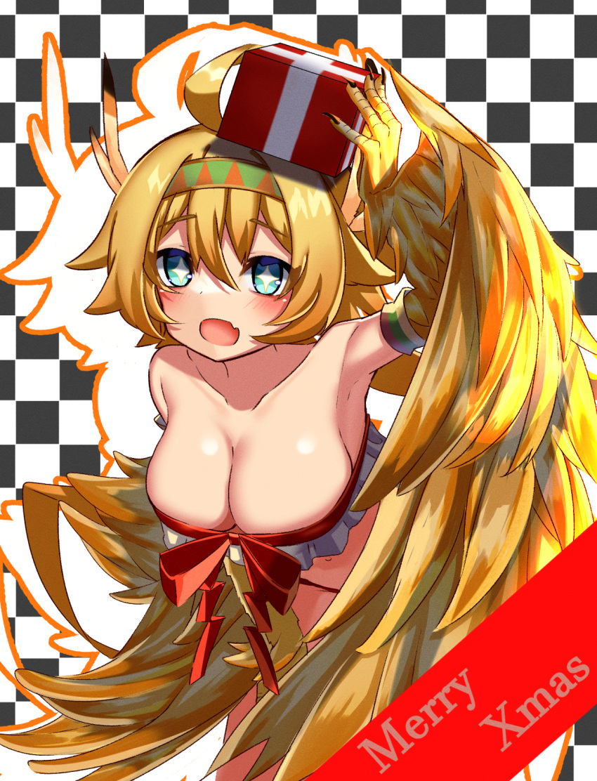 animal_hands blonde_hair blush box breasts christmas claws cleavage commentary_request gift gift_box green_eyes hair_between_eyes harpy highres holding holding_gift junkpicture large_breasts monster_girl monster_musume_td open_mouth short_hair star-shaped_pupils star_(symbol) symbol-shaped_pupils waemawa winged_arms wings yellow_wings