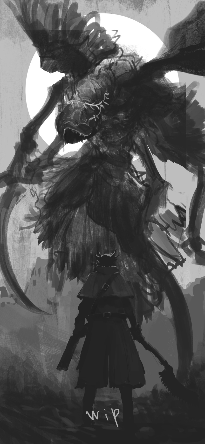 1other absurdres ambiguous_gender artist_name bloodborne capelet coat copyright_name dual_wielding extra_arms facing_another facing_away from_behind gun handgun highres holding holding_gun holding_weapon hood hood_up hunter_(bloodborne) mergo's_wet_nurse monochrome monster ponytail saw_cleaver tripdancer unfinished weapon wings