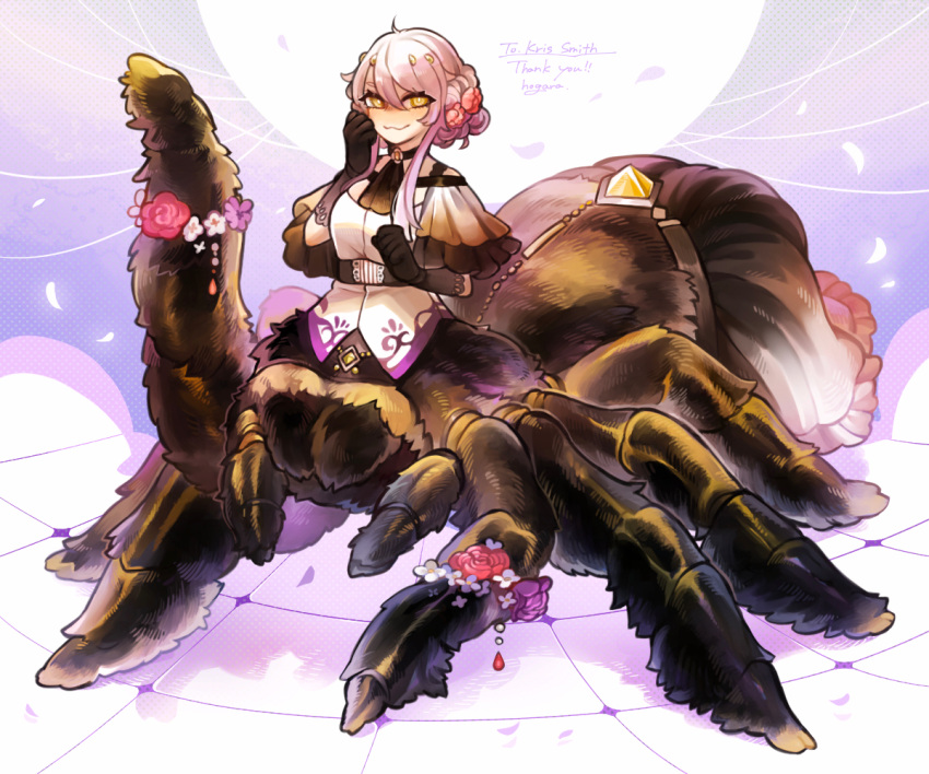 1girl :3 arachne arthropod_girl black_gloves capelet commentary_request commission english_text extra_legs flower flower_bracelet gloves hair_flower hair_ornament hogara looking_at_viewer monster_girl original petals pink_hair skeb_commission solo spider_girl taur waving yellow_eyes