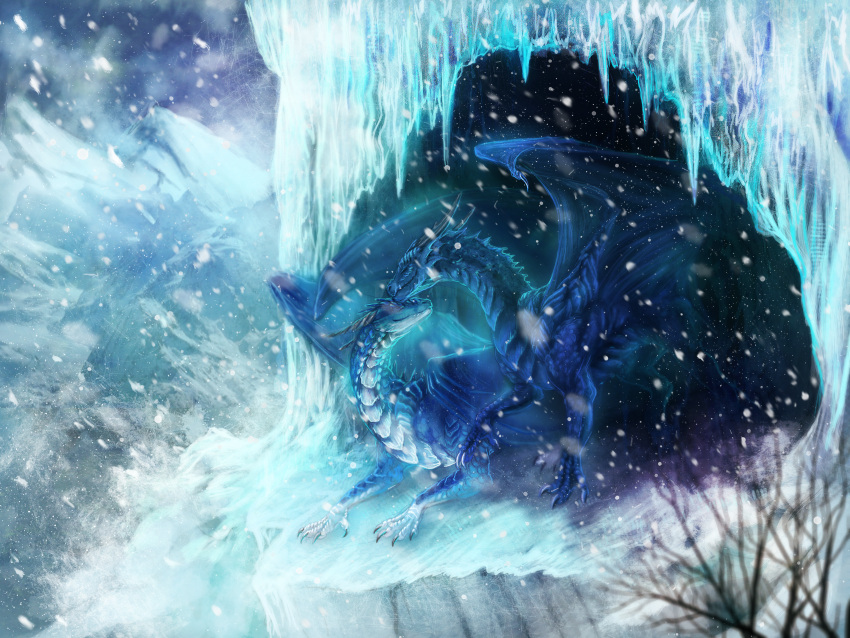 2013 4_legs absurd_res blizzard_(weather) blue_body blue_scales cave claws digital_drawing_(artwork) digital_media_(artwork) dragon dremora duo eyes_closed female feral gradient_scales hi_res horn ice isvoc laying_on_ground male male/female membrane_(anatomy) membranous_wings mountain mountain_range nuzzling scales scalie skyeye snow standing twisted_horns western_dragon white_body white_scales wings