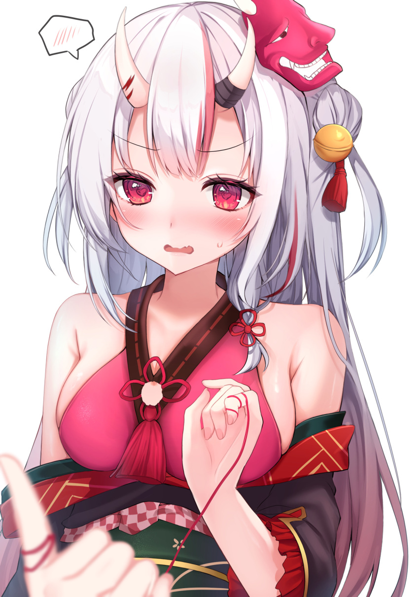 1girl absurdres bare_shoulders bell black_kimono blush breasts cleavage commentary_request gradient_hair grey_hair hair_bell hair_ornament highres hololive horns japanese_clothes jingle_bell kimono ll_c38 long_hair mask mask_on_head multicolored_hair nakiri_ayame nakiri_ayame_(1st_costume) off_shoulder oni_horns oni_mask open_mouth out_of_frame red_eyes red_hair simple_background skin-covered_horns solo_focus spoken_blush streaked_hair string string_around_finger string_of_fate tassel tassel_hair_ornament upper_body virtual_youtuber wavy_mouth white_background white_hair