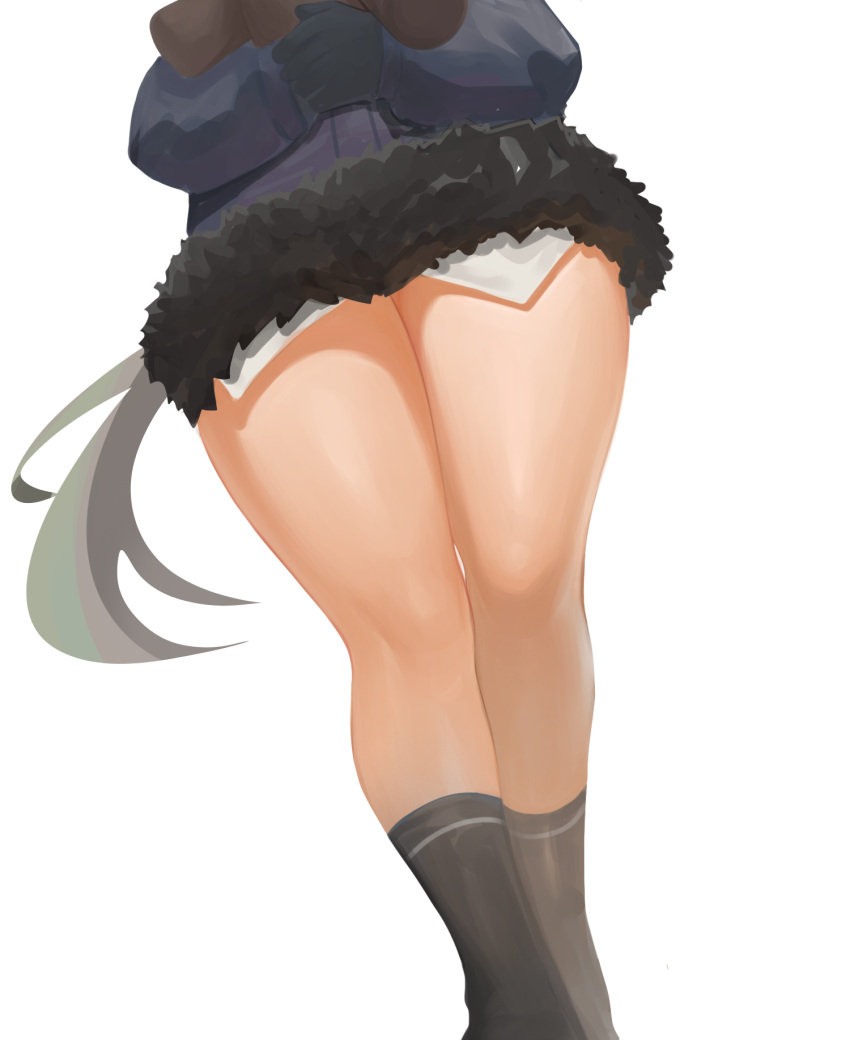 1girl coat dokomon dutch_angle feet_out_of_frame from_below fur-trimmed_coat fur_trim girls'_frontline gloves head_out_of_frame highres hs2000_(girls'_frontline) legs long_hair lower_body ponytail simple_background socks solo thick_thighs thighs very_long_hair white_background