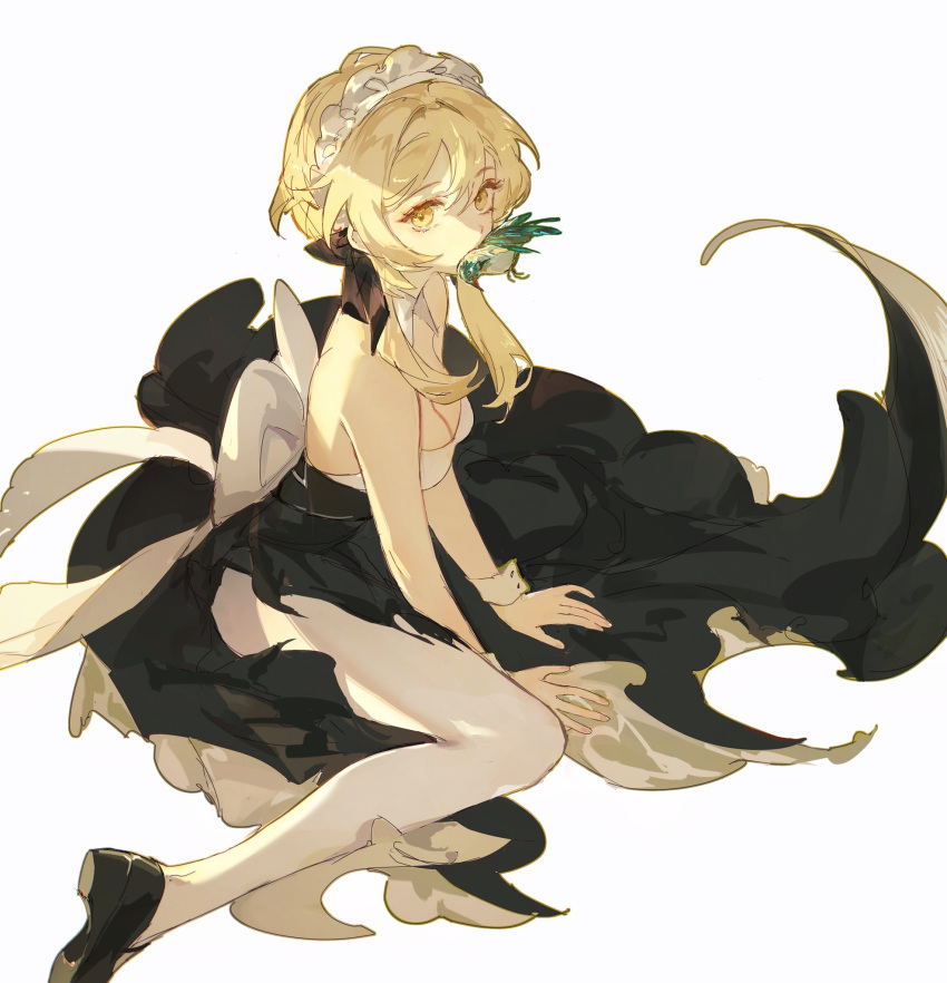 1girl animal_in_mouth bare_shoulders between_legs bird black_bow black_dress black_footwear blonde_hair bow breasts cleavage dead_animal detached_collar dress genshin_impact hair_bow hand_between_legs hands_on_ground highres lumine_(genshin_impact) maid maid_headdress medium_breasts medium_hair n_s_egg sidelocks sitting torn_clothes torn_dress wariza white_background white_bow yellow_eyes