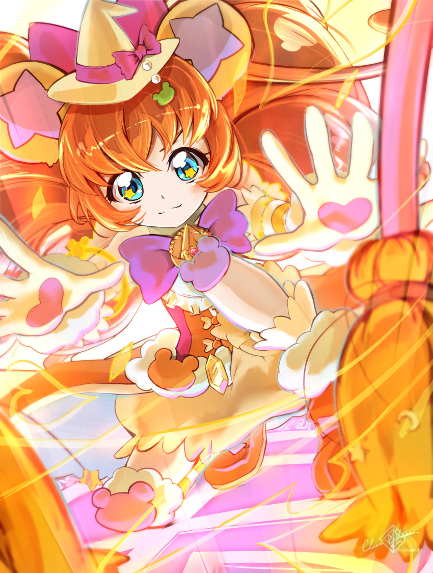 1girl animal_ears bear_ears bloomers blue_eyes brooch broom clear_glass_(mildmild1311) cure_mofurun gloves hat highres jewelry long_hair magical_girl mahou_girls_precure! mini_hat mini_witch_hat mofurun_(mahou_girls_precure!) orange_footwear personification precure single_sock smile socks solo star_(symbol) star_in_eye striped striped_socks symbol_in_eye underwear witch_hat yellow_bloomers yellow_gloves yellow_headwear