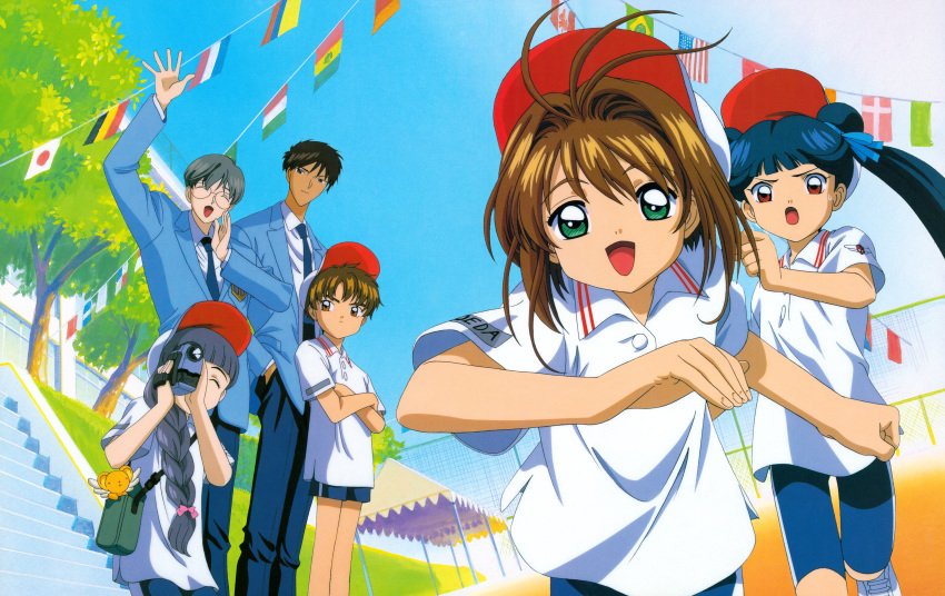 3girls absurdres american_flag bag brazilian_flag brother_and_sister brown_hair canadian_flag cardcaptor_sakura child daidouji_tomoyo flag glasses happy highres japanese_flag kero kinomoto_sakura kinomoto_touya li_meiling li_xiaolang multiple_boys multiple_girls necktie official_art open_mouth red_eyes rivals school_uniform shorts siblings tsukishiro_yukito video_camera