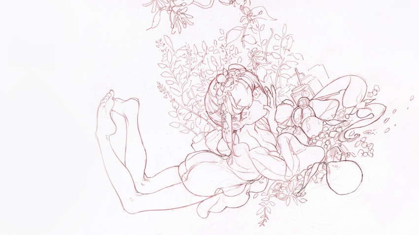 1girl ass barefoot breasts cleavage dress finger_in_own_mouth food fruit full_body headpiece highres jar kaede_(shijie_heping) looking_at_viewer lying medium_breasts medium_hair monochrome on_stomach original plant potted_plant short_dress simple_background sketch solo the_pose toes traditional_media