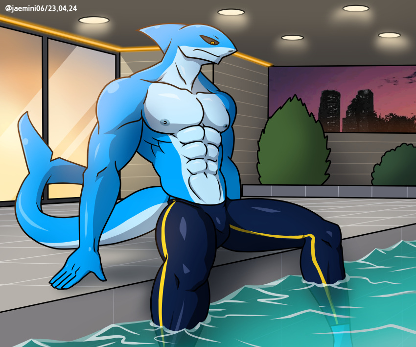 abs absurd_res alkan anthro blue_body bottomwear clothed clothing fish hi_res kashiver legs_in_water male marine multicolored_body muscular muscular_anthro muscular_male navel nipples pants pants_only pecs pool shark sitting solo swimming_pool swimwear swimwear_only topless topless_anthro topless_male two_tone_body yellow_eyes