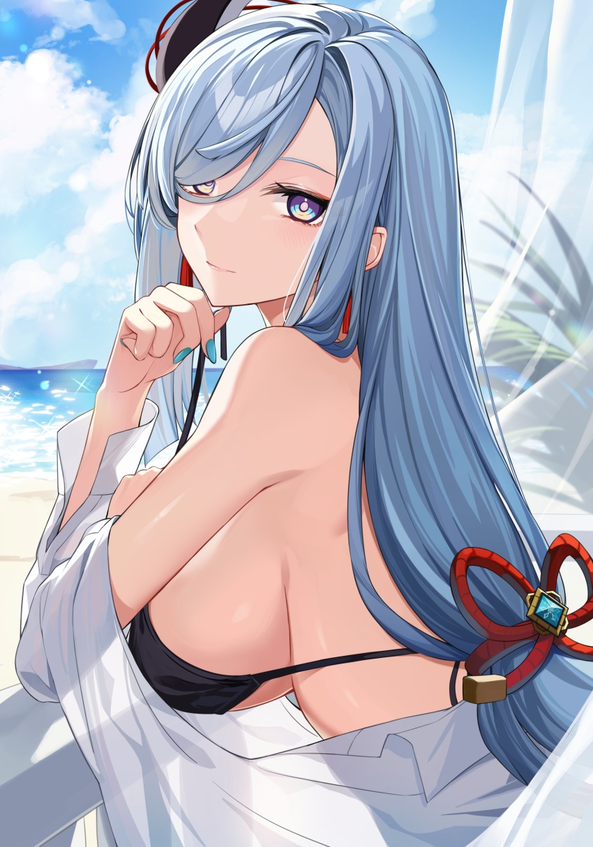 1girl absurdres alternate_costume bare_shoulders bikini black_bikini blue_eyes blue_nails breasts earrings from_side genshin_impact hair_ornament hair_over_one_eye hand_up highres jewelry large_breasts long_hair long_sleeves looking_at_viewer looking_to_the_side low-tied_long_hair nail_polish off_shoulder shenhe_(genshin_impact) shirt sideboob sidelocks smile solo string_bikini swimsuit takehana_note untied_bikini upper_body vision_(genshin_impact) white_hair white_shirt