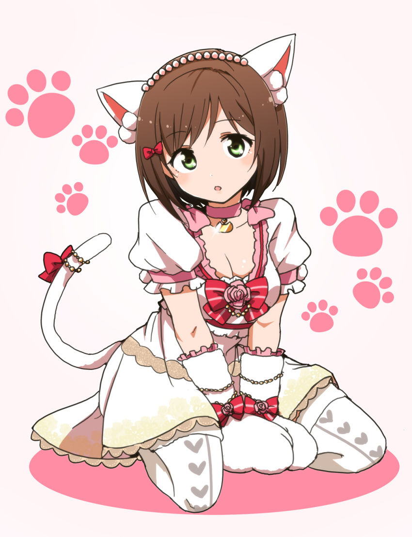 1girl animal_ears animal_hands arms_between_legs blush bow bowtie breasts brown_hair cat_ears cat_necklace cat_paws cat_tail choker cleavage collarbone dot_nose dress fake_animal_ears fake_tail flower footprints frilled_dress frills green_eyes hair_ribbon hairband highres idolmaster idolmaster_cinderella_girls idolmaster_cinderella_girls_starlight_stage kidachi large_breasts looking_at_viewer maekawa_miku open_mouth pink_background pink_choker pink_flower pink_rose pom_pom_(clothes) print_thighhighs puffy_short_sleeves puffy_sleeves red_bow red_bowtie red_ribbon ribbon rose seiza short_hair short_sleeves sitting solo striped striped_bow striped_bowtie tail thighhighs white_thighhighs