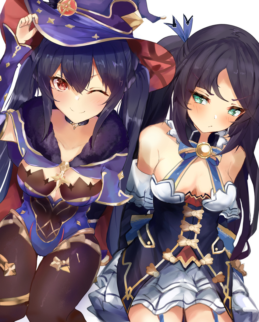 2girls absurdres bimmy black_hair black_pantyhose blue_ribbon blush breasts breath cosplay costume_switch genshin_impact green_eyes hair_between_eyes hair_ribbon highres long_hair looking_at_viewer medium_breasts mona_(genshin_impact) multiple_girls neptune_(series) noire_(neptune_series) one_eye_closed pantyhose red_eyes ribbon sitting very_long_hair