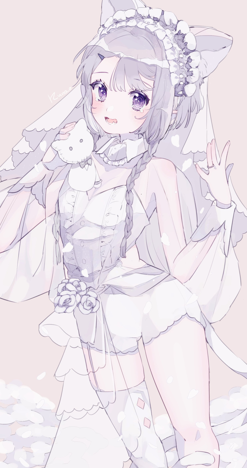 1girl absurdres animal_ears asymmetrical_legwear braid flower frills grey_hair hands_up highres jewelry jikuno light_brown_background original purple_eyes ring shirt short_hair shorts simple_background solo tail thighhighs uneven_legwear white_shirt white_shorts white_thighhighs