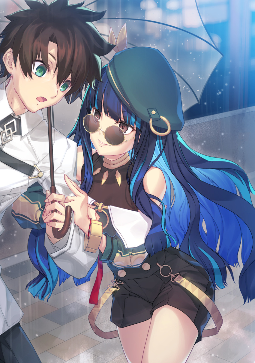 1boy 1girl aikura_chihiro black_hair black_shorts blue_hair bracelet brown_eyes colored_inner_hair fate/grand_order fate_(series) fujimaru_ritsuka_(male) green_eyes hat highres holding holding_umbrella jewelry long_hair multicolored_hair rain shorts smile sunglasses tenochtitlan_(fate) transparent transparent_umbrella umbrella