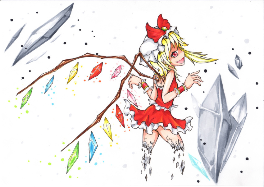 1girl adapted_costume back bare_shoulders blonde_hair breasts crystal disintegration flandre_scarlet frilled_shirt frilled_skirt frills from_side hat highres medium_hair mob_cap multicolored_wings one_side_up open_mouth pointy_ears red_eyes red_shirt red_skirt shirt simple_background skirt sleeveless sleeveless_shirt small_breasts solo touhou umikaji white_background white_headwear wings