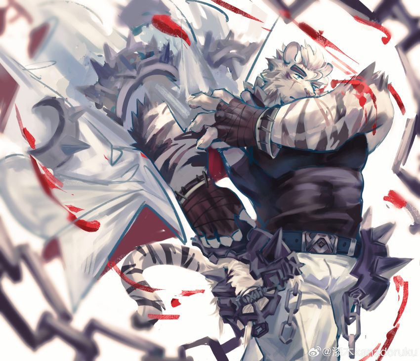 1boy absurdres animal_ears arknights artist_request bara black_tank_top blood blood_splatter facial_hair furry furry_male goatee highres large_hands large_pectorals looking_ahead male_focus mountain_(arknights) muscular muscular_male pectorals scar scar_across_eye scar_on_arm short_hair solo spreading_cape strongman_waist tank_top thick_eyebrows tiger_boy tiger_ears walking white_hair