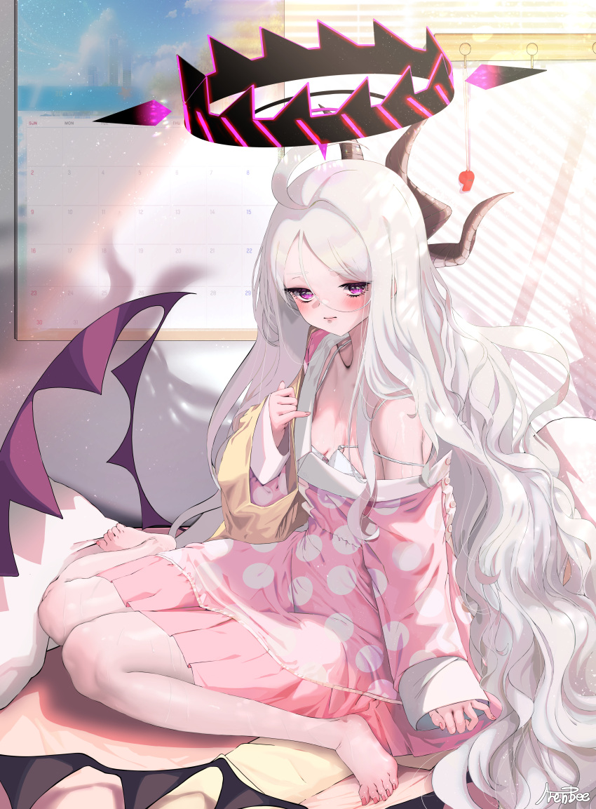1girl absurdres ahoge arenbee bare_shoulders barefoot bed blue_archive blush bra breasts calendar_(object) cleavage collarbone demon_girl demon_horns demon_wings dress feet hair_ornament halo highres hina_(blue_archive) horns indoors long_hair long_sleeves looking_at_viewer multiple_horns off_shoulder on_bed open_clothes open_mouth pajamas panties parted_bangs parted_lips pillow pink_pajamas polka_dot polka_dot_dress purple_eyes shirt sidelocks single_horn sitting skirt sleepwear sleeves_past_wrists small_breasts smile solo thighhighs toenails toes underwear very_long_hair wariza white_bra white_hair window wings