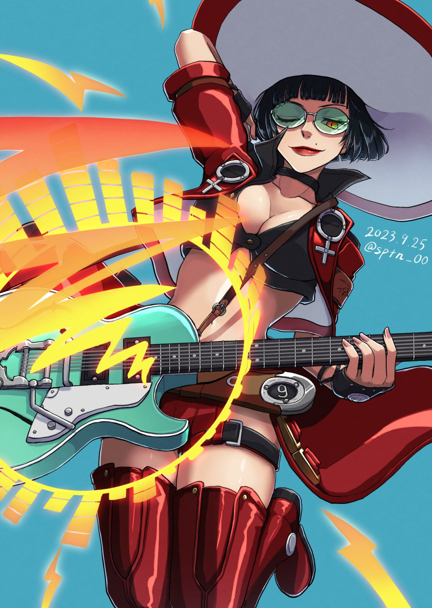 1girl aqua_background black_gloves black_hair boots breasts cleavage electric_guitar fingerless_gloves gloves green-tinted_eyewear guilty_gear guilty_gear_strive guitar hat highres i-no instrument large_breasts looking_at_viewer mole mole_above_mouth one_eye_closed red_footwear red_headwear red_lips short_hair short_sleeves sptn_00 thigh_boots tinted_eyewear venus_symbol witch_hat